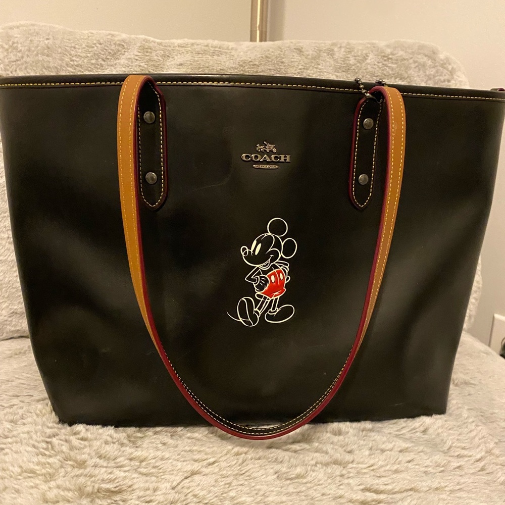 Coach x Disney Black Leather Tote with Mickey Mouse Design